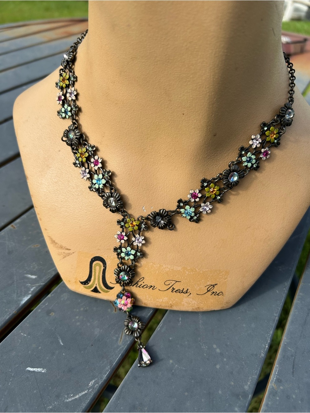 Vintage Michal Negrin Floral Drop Necklace Brass Rhinestone Statement Jewelry